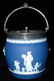 Wedgwood Biscuit Jar Dark Blue Jasperware Dip Barrel Women Cherubs 1870s