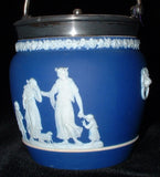 Wedgwood Biscuit Jar Dark Blue Jasperware Dip Barrel Women Cherubs 1870s