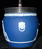 Wedgwood Biscuit Jar Dark Blue Jasperware Dip Barrel Women Cherubs 1870s