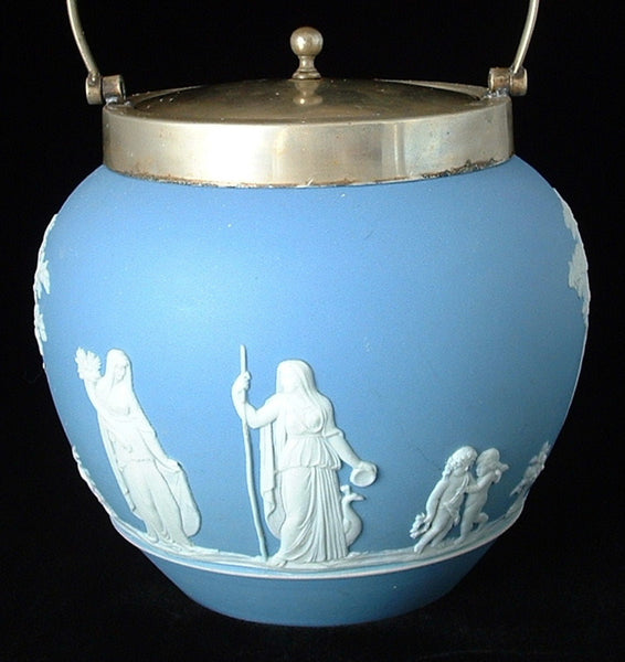 Biscuit Barrel Blue Jasperware Dip Wedgwood Offering To Peace 1880s