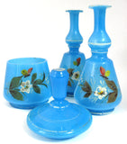 Victorian Bristol Blue Art Glass Vanity Set 3 Piece Decanters Covered Jar Perfumes England Barber