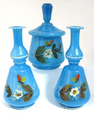 Victorian Bristol Blue Art Glass Vanity Set 3 Piece Decanters Covered Jar Perfumes England Barber