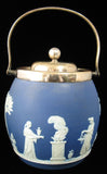 Wedgwood England Biscuit Barrel Blue Jasperware Dip Blue 1890s Sacrifice Figures