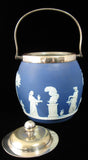 Wedgwood England Biscuit Barrel Blue Jasperware Dip Blue 1890s Sacrifice Figures