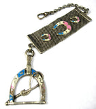 Edwardian Equestrian Theme Sterling Silver Pocket Watch Fob Blue Pink Enamel Horse Riding