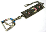 Edwardian Equestrian Theme Sterling Silver Pocket Watch Fob Blue Pink Enamel Horse Riding