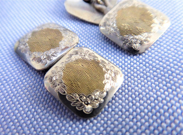 Edwardian Cufflinks Sterling Silver 10k Gold Floral Engraved 1900 Hinged Cuff Links 10kt