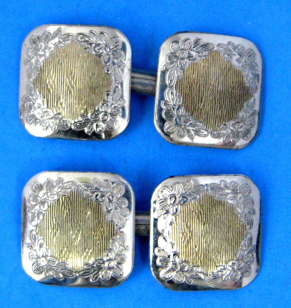 Edwardian Cufflinks Sterling Silver 10k Gold Floral Engraved 1900 Hing –  Time Was Antiques