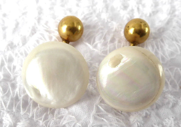 Edwardian Cuff Links Mother Of Pearl Ball And Post Back 1900 Antique Gold Plated MOP Cufflinks
