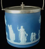 Edwardian Wedgwood Biscuit Jar Dark Blue Jasper Dip Offering To Peace Ceres 1900