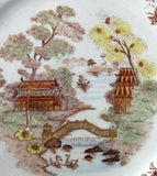 Willow Brown Transferware Dinner Plate Polychrome England 1920s 10 Inch