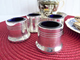 English Salt Dips 4 Art Deco Silver And Cobalt Blue Glass Liners Open Salts 1920-1930s