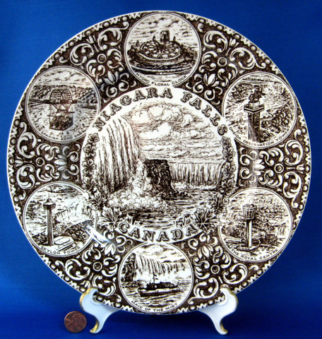 Niagra Falls Canada Brown Transferware Souvenir Plate 10 Inches Wood 1940s