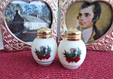 Scottish Thistle and Tartan Salt And Pepper Shakers Milk Glass 1950s Cruets Gold Lids