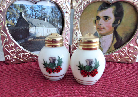 Scottish Thistle and Tartan Salt And Pepper Shakers Milk Glass 1950s Cruets Gold Lids