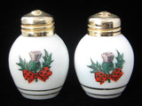 Scottish Thistle and Tartan Salt And Pepper Shakers Milk Glass 1950s Cruets Gold Lids