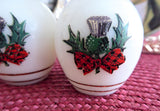 Scottish Thistle and Tartan Salt And Pepper Shakers Milk Glass 1950s Cruets Gold Lids