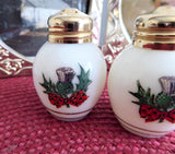 Scottish Thistle and Tartan Salt And Pepper Shakers Milk Glass 1950s Cruets Gold Lids