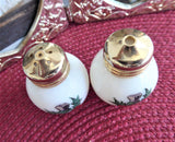 Scottish Thistle and Tartan Salt And Pepper Shakers Milk Glass 1950s Cruets Gold Lids