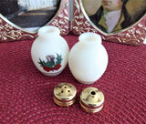 Scottish Thistle and Tartan Salt And Pepper Shakers Milk Glass 1950s Cruets Gold Lids