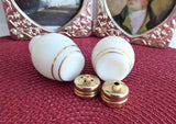 Scottish Thistle and Tartan Salt And Pepper Shakers Milk Glass 1950s Cruets Gold Lids