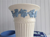 Wedgwood Queens Ware Vase Blue Grapevine On White Tall 6.5 Inches 1956