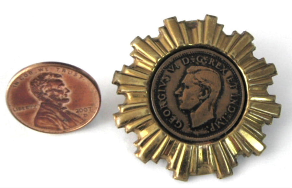 Coin Brooch King George VI England Starburst Brass Frame 1960s Royal  Memorabilia