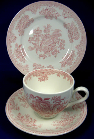Pink Transferware Cup, Saucer And Plate Asiatic Pheasants Ironstone Burleigh