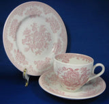 Pink Transferware Cup, Saucer And Plate Asiatic Pheasants Ironstone Burleigh