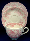 Pink Transferware Cup, Saucer And Plate Asiatic Pheasants Ironstone Burleigh