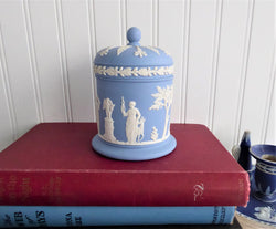 Wedgwood Blue Jasper Ware Box Cylinder Lidded Classical Figures 1972 Blue And White