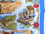 Tea Towel Cornwall Blue Border Map Villages 1980s Looe Truro Falmouth Colourful Cotton