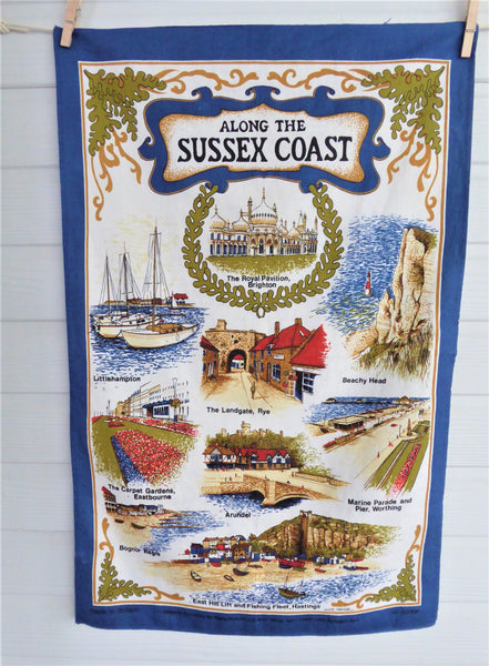 Along The Sussex Coast Tea Towel 1970s Brighton Worthing Beachy Head Colourful Cotton