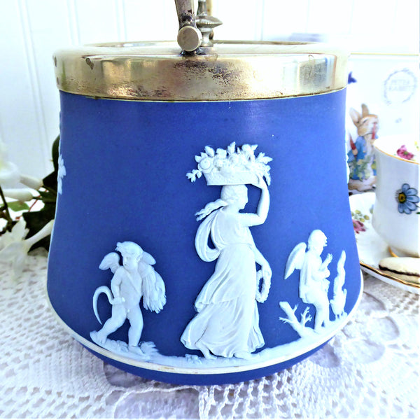 Wedgwood Biscuit Barrel Dark Blue Jasper Dip Sacrifice Edwardian Era Silverplate Mounts