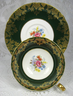 Shelley Green Combo Georgian Flora Lincoln Cup And Saucer Gold Overlay