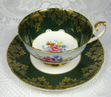 Shelley Green Combo Georgian Flora Lincoln Cup And Saucer Gold Overlay
