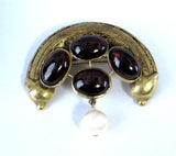 Etruscan Revival Brooch 22kt Gold Genuine Garnets Pearls 1860s Pin Handmade Pin