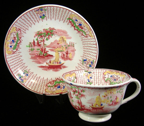 Cup And Saucer Early Regout Dutch Polychrome Transferware 1860s