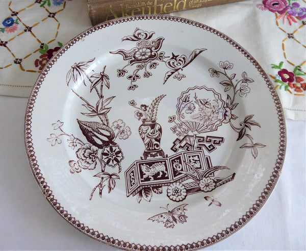 Aesthetic Movement Plate 1878 Elsmore Lily And Vase Brown Transferware Fan Asian