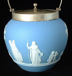 Biscuit Barrel Blue Jasperware Dip Wedgwood Offering To Peace 1880s