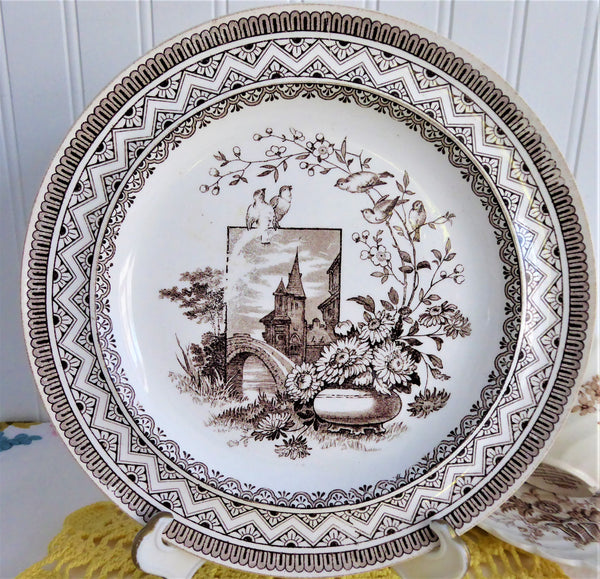 Wedgwood Edinburg Aesthetic Plate 1882 Brown Transferware Birds Flowers Castle