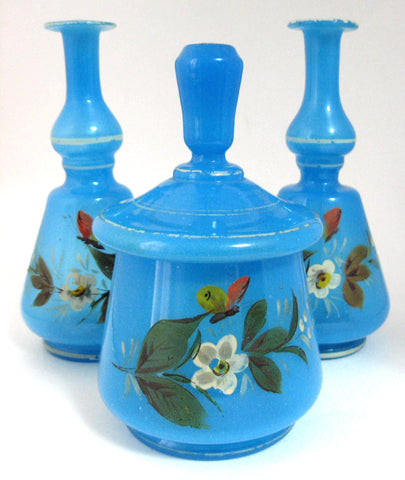 Victorian Bristol Blue Art Glass Vanity Set 3 Piece Decanters Covered Jar Perfumes England Barber