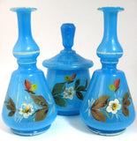 Victorian Bristol Blue Art Glass Vanity Set 3 Piece Decanters Covered Jar Perfumes England Barber