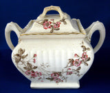 Antique English Sucrier Sugar Box Tea Caddy Transferware 1890s Victorian Blossoms