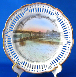 Present From Newcastle Souvenir Plate Reticulated Fancy 1890s German Hand Colored