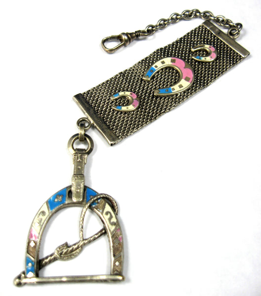 Edwardian Equestrian Theme Sterling Silver Pocket Watch Fob Blue Pink Enamel Horse Riding