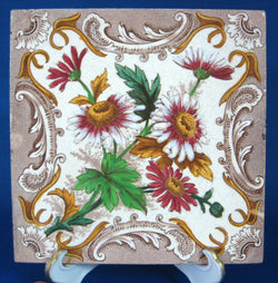 Victorian Transferware Tile Daisies 1891 English Architectural Tile Trivet Original