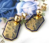 Edwardian Earrings Solid 14kt Gold Hand Hammered 1900-1910 Cufflink Blue Enamel