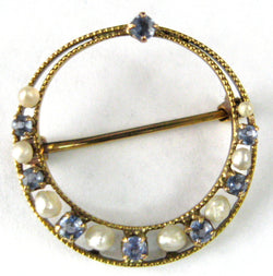Pearl Aquamarine Edwardian Brooch Pin 10kt Gold Circle 1900 March June Birthstones