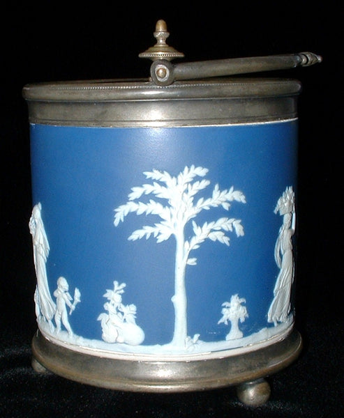 Edwardian Biscuit Barrel Wedgwood Jasperware Dip Dark Blue Bun Feet Silver Fittings